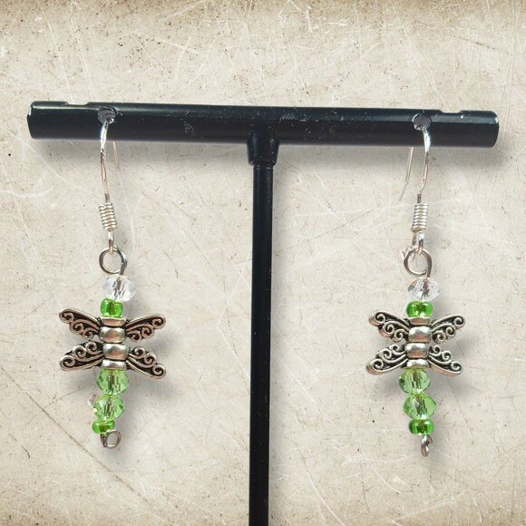 Handmade Green Beaded Dragonfly Dangle Earrings - Picture 3 of 7